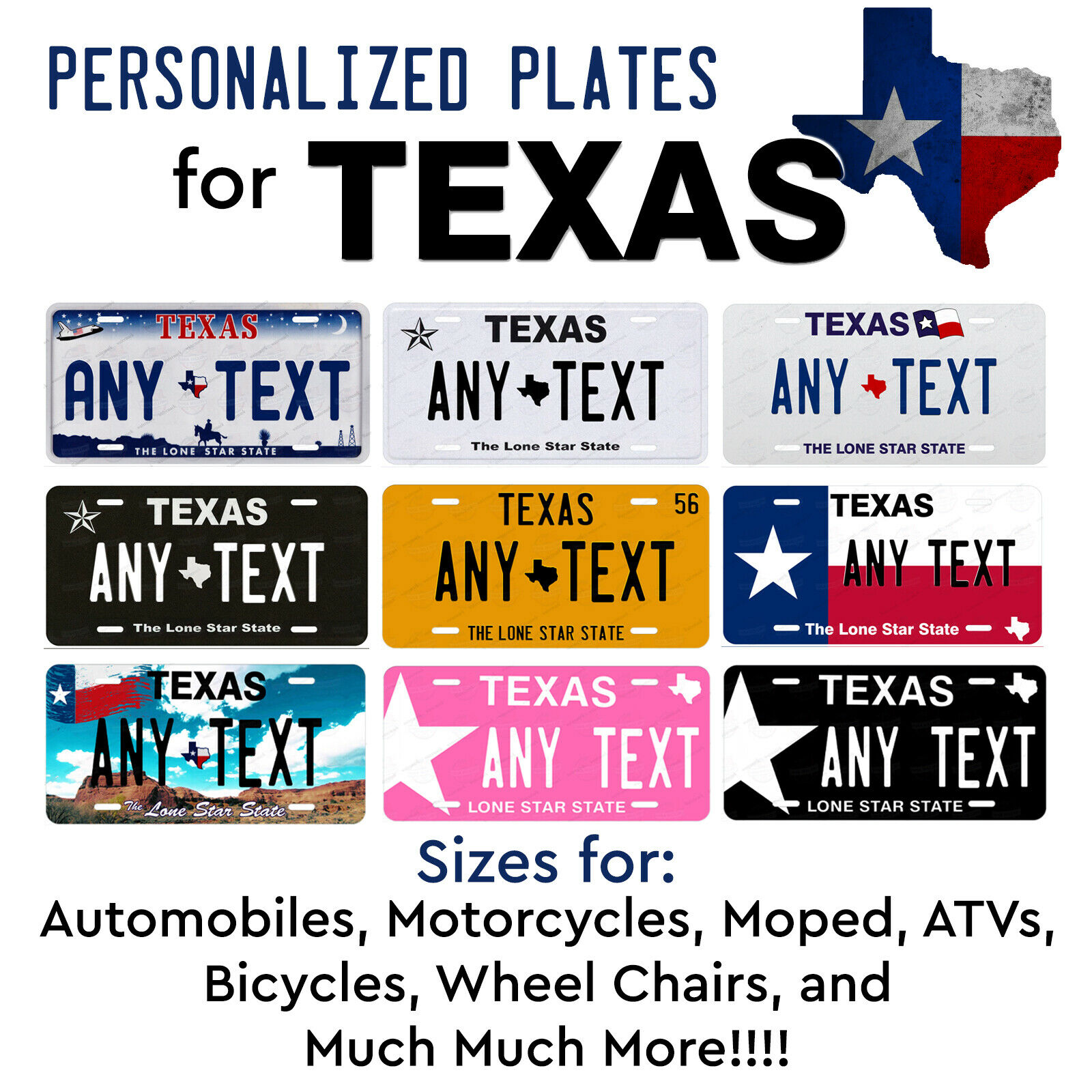Custom Texas License Plate Tag Personalized For Auto Car Bicycle Atv Bike Moped